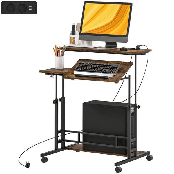 English Elm Adjustable Rolling Standing Desk with Tiltable Top Charging Ports and Locking Wheels T3971P397369