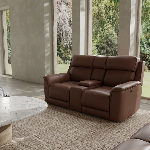 English Elm Oslo Dual Power Reclining Love Seat With Console & Usb Ports - Premium Leather Comfort In Pecan B339P411570