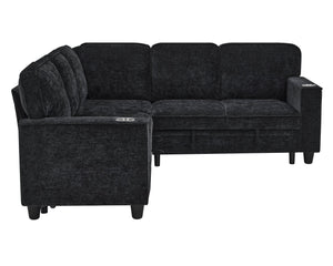 English Elm L-Shaped Sofa with Pull-Out Bed and Storage, 5-Seat Sectional with USB, Cup Holders, Cozy Chenille Charcoal grey W1998S00061