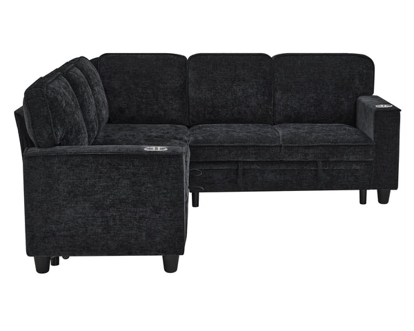 English Elm L-Shaped Sofa with Pull-Out Bed and Storage, 5-Seat Sectional with USB, Cup Holders, Cozy Chenille Charcoal grey W1998S00061