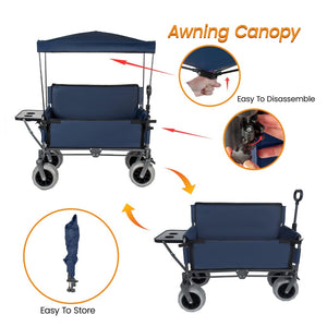 English Elm 3-in-1 Collapsible Wagon with Canopy Bench Tabletop and All-terrain Wheels for Camping Blue W2932P417651