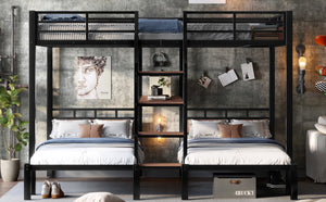 English Elm Twin Triple Bunk Bed Black Metal Frame with Built-in Storage Stairs and Shelves W1580S00620