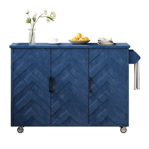 English Elm K&K Farmhouse Kitchen Island with 3D Wave Stripes Ash Veneer, Drop Leaf, Rolling Cart Storage Navy Blue N707P207915E