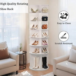 English Elm 7 Tier Rotating Shoe Rack Tower with Boot Slot, 360° Spinning Organizer Holds 28 Pairs, White W3204P300607