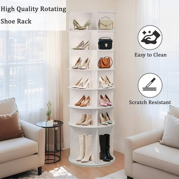 English Elm 7 Tier Rotating Shoe Rack Tower with Boot Slot, 360° Spinning Organizer Holds 28 Pairs, White W3204P300607
