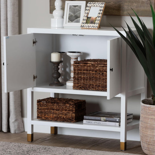 Baxton Studio bali Aiden Fluted Sideboard - Stylish 2-Door Accent Cabinet with Open Shelf for Entryway & Dining Room KL-1473B Aiden Flute-White/Java-Cabinet