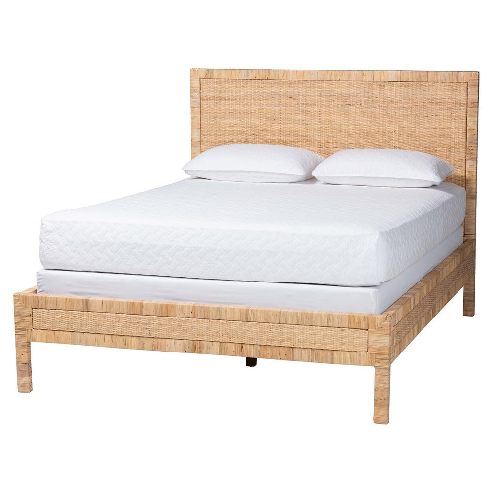 Baxton Studio bali Kalimantan Natural Rattan Bed Frame - Coastal Boho Queen Bed with Woven Headboard & Unique Style Braided Peel-Light Honey-Wood/Rattan-Queen