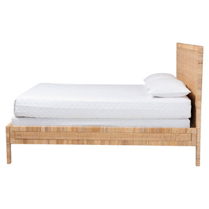 Baxton Studio bali Kalimantan Natural Rattan Bed Frame - Coastal Boho Queen Bed with Woven Headboard & Unique Style Braided Peel-Light Honey-Wood/Rattan-Queen