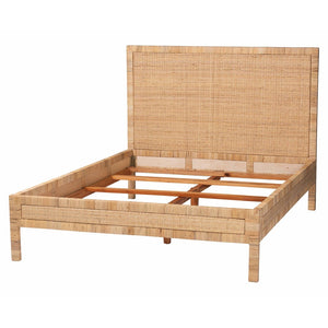 Baxton Studio bali Kalimantan Natural Rattan Bed Frame - Coastal Boho Queen Bed with Woven Headboard & Unique Style Braided Peel-Light Honey-Wood/Rattan-Queen