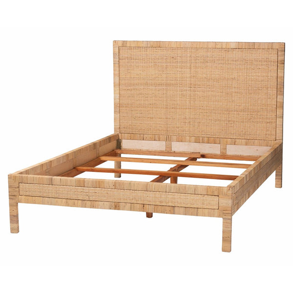 Baxton Studio bali Kalimantan Natural Rattan Bed Frame - Coastal Boho Queen Bed with Woven Headboard & Unique Style Braided Peel-Light Honey-Wood/Rattan-Queen