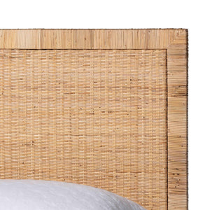 Baxton Studio bali Kalimantan Natural Rattan Bed Frame - Coastal Boho Queen Bed with Woven Headboard & Unique Style Braided Peel-Light Honey-Wood/Rattan-Queen