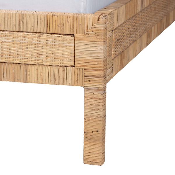 Baxton Studio bali Kalimantan Natural Rattan Bed Frame - Coastal Boho Queen Bed with Woven Headboard & Unique Style Braided Peel-Light Honey-Wood/Rattan-Queen
