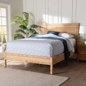 Baxton Studio bali Kalimantan Natural Rattan Bed Frame - Coastal Boho Queen Bed with Woven Headboard & Unique Style Braided Peel-Light Honey-Wood/Rattan-Queen