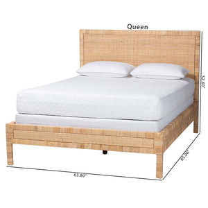 Baxton Studio bali Kalimantan Natural Rattan Bed Frame - Coastal Boho Queen Bed with Woven Headboard & Unique Style Braided Peel-Light Honey-Wood/Rattan-Queen