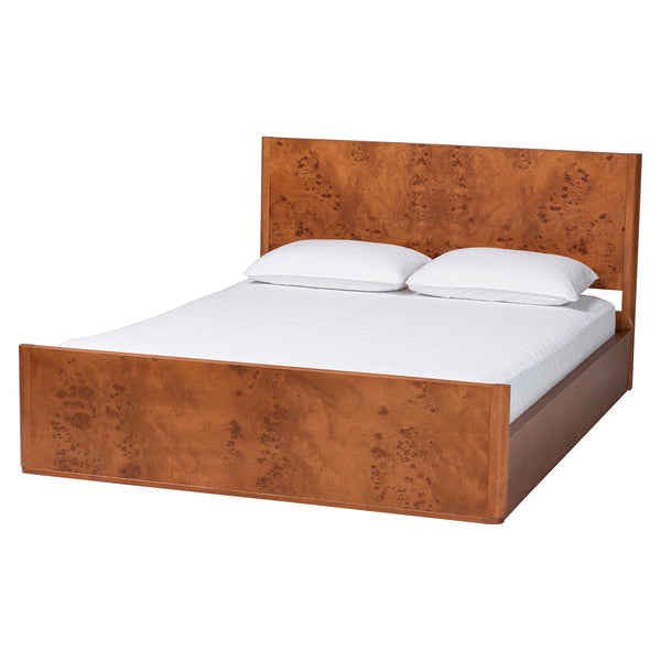 Baxton Studio Bali Fuentes Real Burl Wood Bed Frame — Mid-Century Low-Profile Platform, Bookmatched Burl Finish, Queen SW8651-Light Cherry/Mappa Burl Veneer-Queen