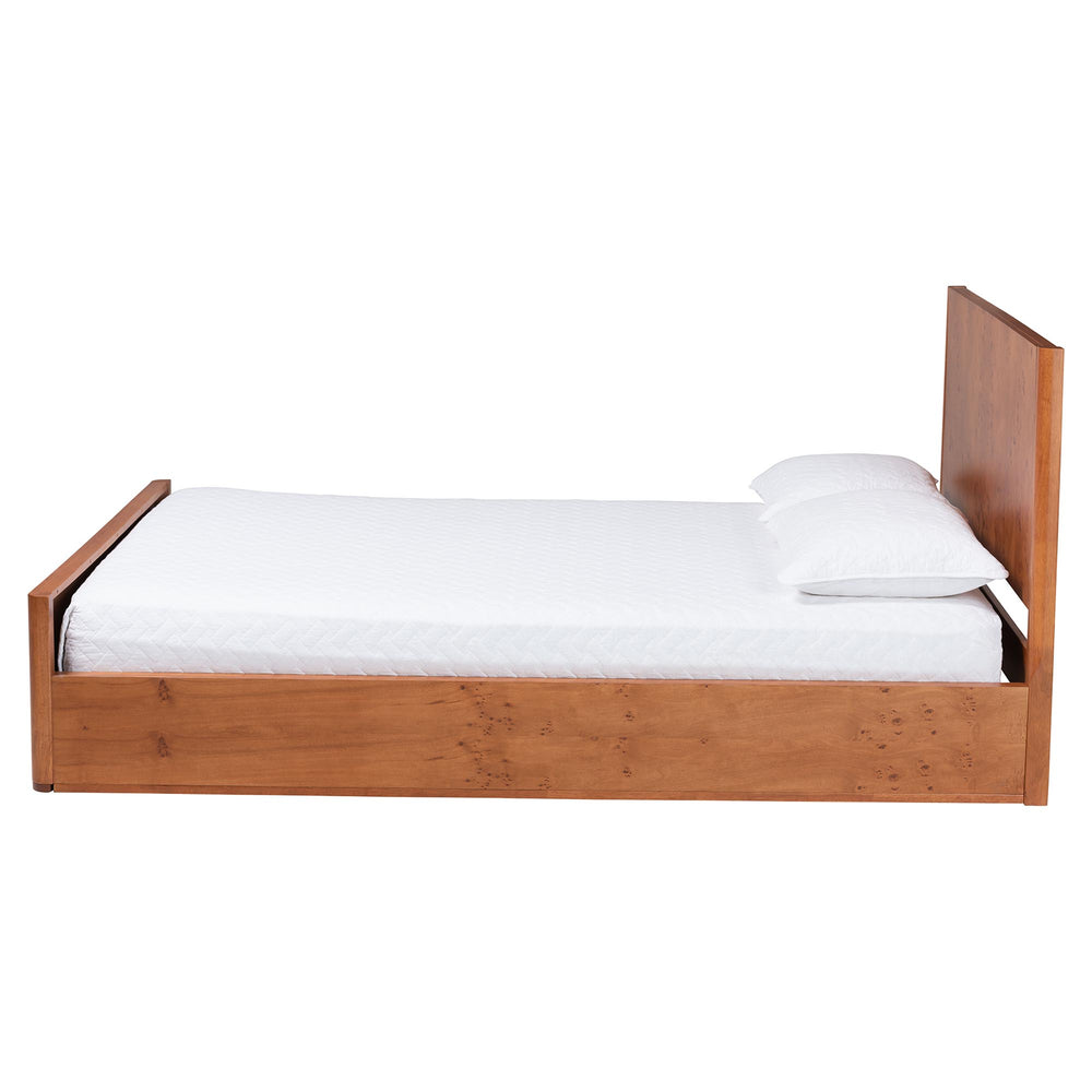 Baxton Studio Bali Fuentes Real Burl Wood Bed Frame — Mid-Century Low-Profile Platform, Bookmatched Burl Finish, Queen SW8651-Light Cherry/Mappa Burl Veneer-Queen