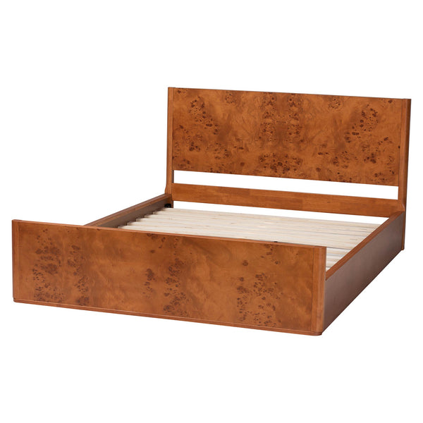 Baxton Studio Bali Fuentes Real Burl Wood Bed Frame — Mid-Century Low-Profile Platform, Bookmatched Burl Finish, Queen SW8651-Light Cherry/Mappa Burl Veneer-Queen