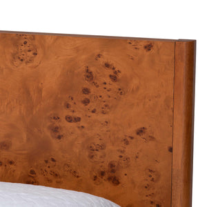 Baxton Studio Bali Fuentes Real Burl Wood Bed Frame — Mid-Century Low-Profile Platform, Bookmatched Burl Finish, Queen SW8651-Light Cherry/Mappa Burl Veneer-Queen