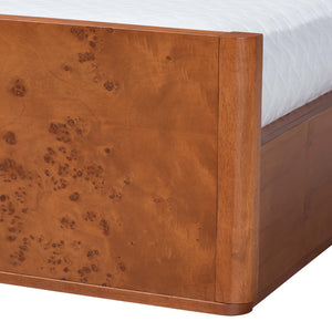 Baxton Studio Bali Fuentes Real Burl Wood Bed Frame — Mid-Century Low-Profile Platform, Bookmatched Burl Finish, Queen SW8651-Light Cherry/Mappa Burl Veneer-Queen
