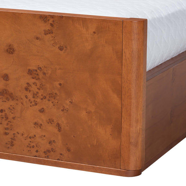 Baxton Studio Bali Fuentes Real Burl Wood Bed Frame — Mid-Century Low-Profile Platform, Bookmatched Burl Finish, Queen SW8651-Light Cherry/Mappa Burl Veneer-Queen