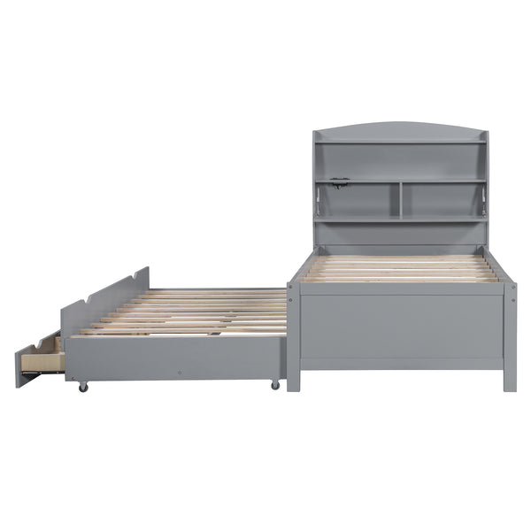English Elm Twin LED Platform Bed with Trundle and Under-Storage Drawers, Flip-Up Headboard, USB Ports Gray N820S10008E