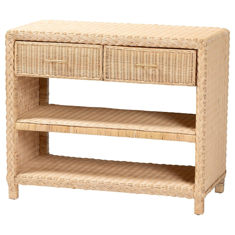 Baxton Studio bali Lanica Braided Rattan Console Table - Japandi-Style Entryway Storage with Drawers & Shelves Braided Sun Bleached Ivory Rattan-Version 2-Console Table