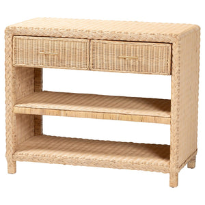 Baxton Studio bali Lanica Braided Rattan Console Table - Japandi-Style Entryway Storage with Drawers & Shelves Braided Sun Bleached Ivory Rattan-Version 2-Console Table