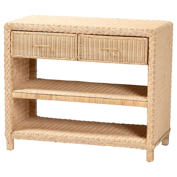Baxton Studio bali Lanica Braided Rattan Console Table - Japandi-Style Entryway Storage with Drawers & Shelves Braided Sun Bleached Ivory Rattan-Version 2-Console Table