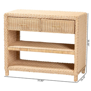 Baxton Studio bali Lanica Braided Rattan Console Table - Japandi-Style Entryway Storage with Drawers & Shelves Braided Sun Bleached Ivory Rattan-Version 2-Console Table