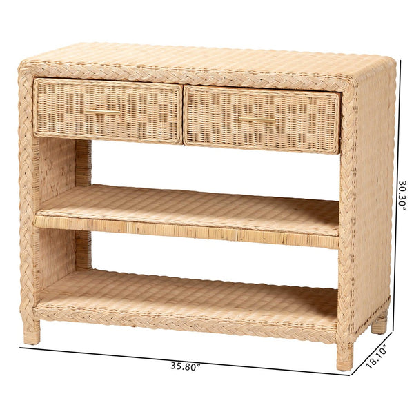 Baxton Studio bali Lanica Braided Rattan Console Table - Japandi-Style Entryway Storage with Drawers & Shelves Braided Sun Bleached Ivory Rattan-Version 2-Console Table
