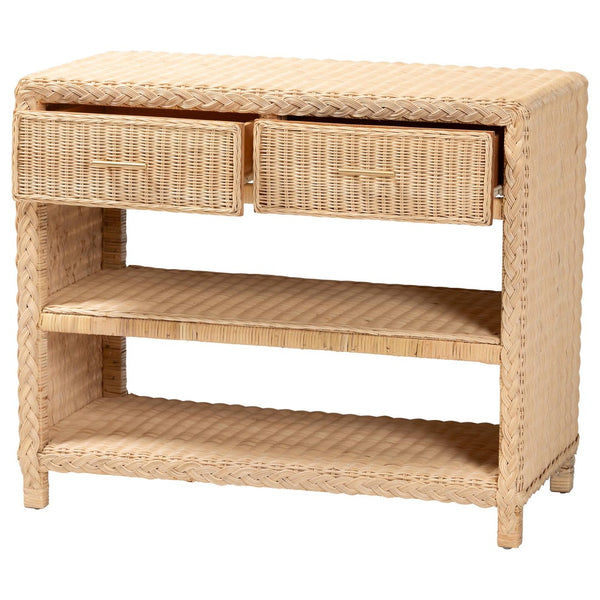 Baxton Studio bali Lanica Braided Rattan Console Table - Japandi-Style Entryway Storage with Drawers & Shelves Braided Sun Bleached Ivory Rattan-Version 2-Console Table