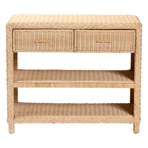 Baxton Studio bali Lanica Braided Rattan Console Table - Japandi-Style Entryway Storage with Drawers & Shelves Braided Sun Bleached Ivory Rattan-Version 2-Console Table