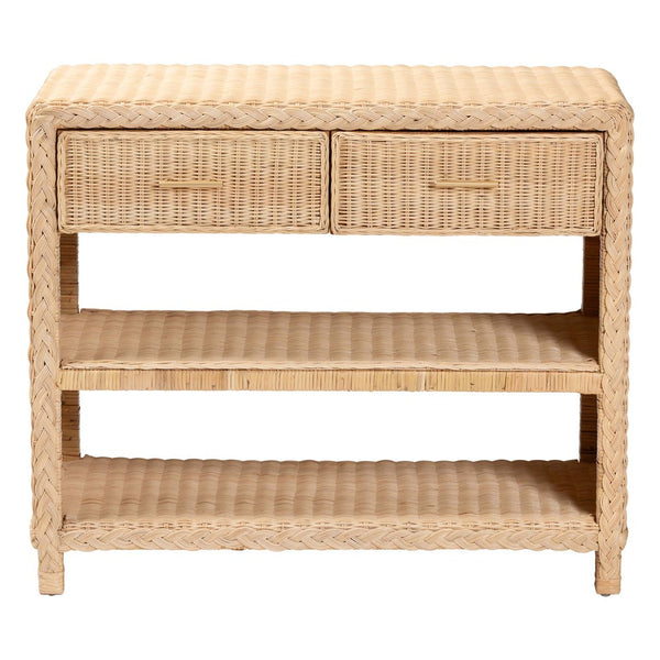 Baxton Studio bali Lanica Braided Rattan Console Table - Japandi-Style Entryway Storage with Drawers & Shelves Braided Sun Bleached Ivory Rattan-Version 2-Console Table