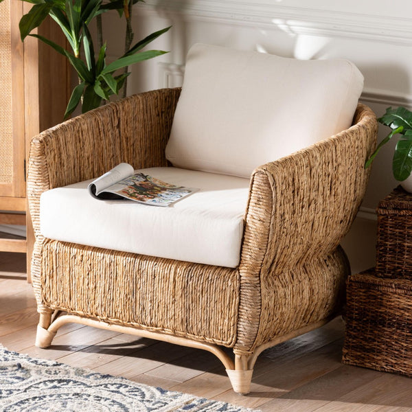 Baxton Studio bali Roma Handwoven Rattan & Seagrass Armchair - Plush Cushions, Boho Coastal Lounge Furniture Roma-Rattan/Banana Weave-Cushion-AC