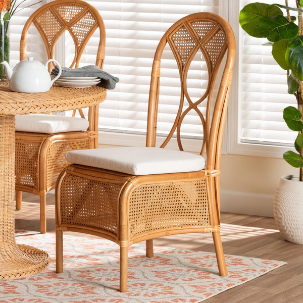 Baxton Studio bali Elsa Natural Rattan Dining Chair - Handcrafted Coastal Boho Side Chair with Plush Cushion Comfort Elsa-KYG-Light Honey Rattan-Cushion-DC