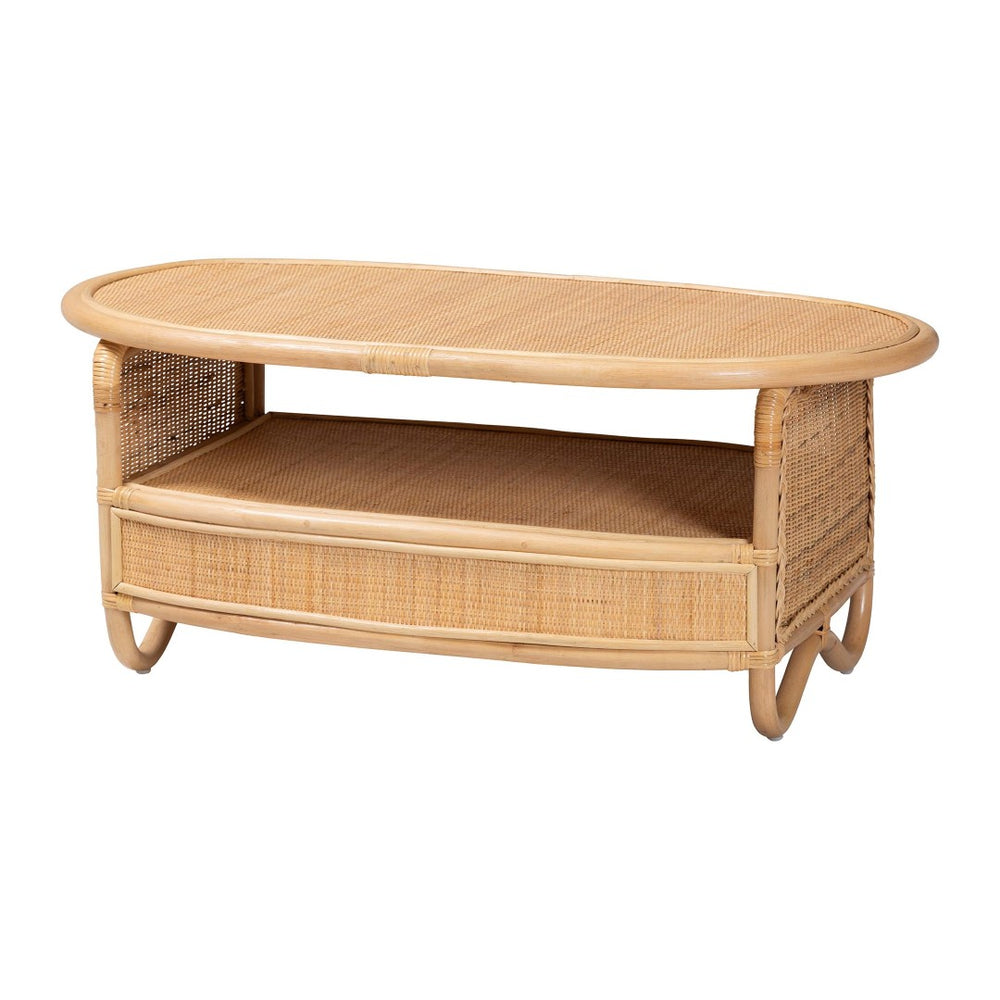 Baxton Studio bali Dyna Handwoven Natural Rattan Coffee Table with Open Shelf – Coastal Boho Accent for Living Spaces Dyna Oval-Natural Wild-Rattan-CT