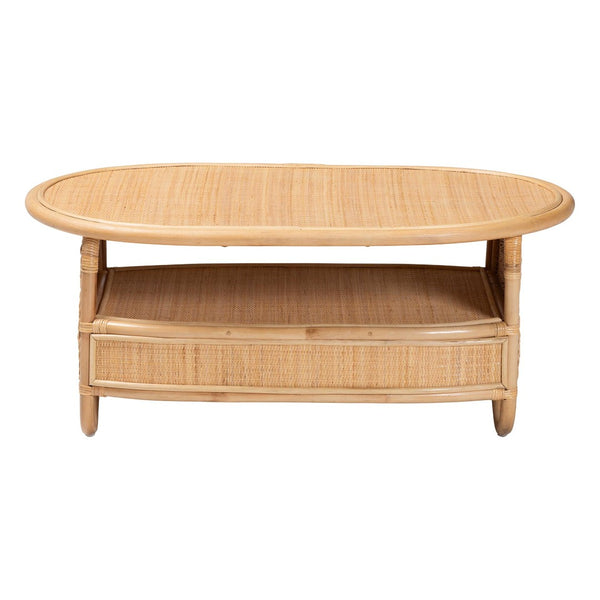 Baxton Studio bali Dyna Handwoven Natural Rattan Coffee Table with Open Shelf – Coastal Boho Accent for Living Spaces Dyna Oval-Natural Wild-Rattan-CT