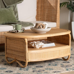 Baxton Studio bali Dyna Handwoven Natural Rattan Coffee Table with Open Shelf – Coastal Boho Accent for Living Spaces Dyna Oval-Natural Wild-Rattan-CT