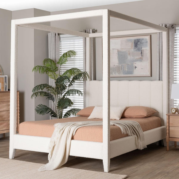 Baxton Studio Baxton Studio Aerona Canopy Bed - Plush Cream Boucle Upholstered Four-Poster with Tufted Headboard BBT61369-Canopy Cream-Queen