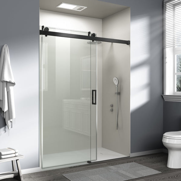 English Elm 56" Frameless Sliding Shower Door Tempered Glass Matte Black Soft Close Modern Bath W1573104180