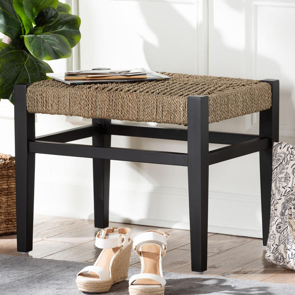 Baxton Studio bali Bali Amber Seagrass Accent Bench - Handwoven Natural Fiber Stool with Mahogany Frame for Versatile Spaces Amber-Natural/Black Matte-Wooden/Seagrass-Bench