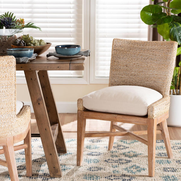 Baxton Studio bali Ridley Seagrass Dining Chair - Handcrafted Mahogany Frame, Coastal Accent Chair with Cushion MD-39833 Ridley-White Wash-Cushion-DC
