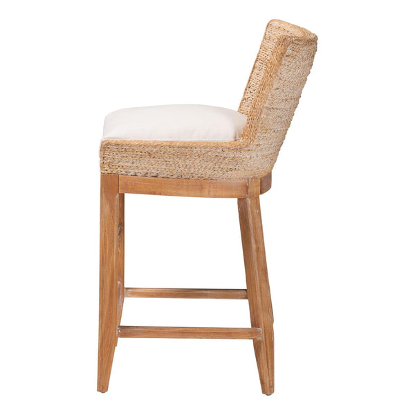Baxton Studio bali Ridley Seagrass Counter Stool - Coastal Mahogany Frame with Cushioned Seat for Kitchen Bar MD-39834 Ridley-White Wash-Cushion-CS