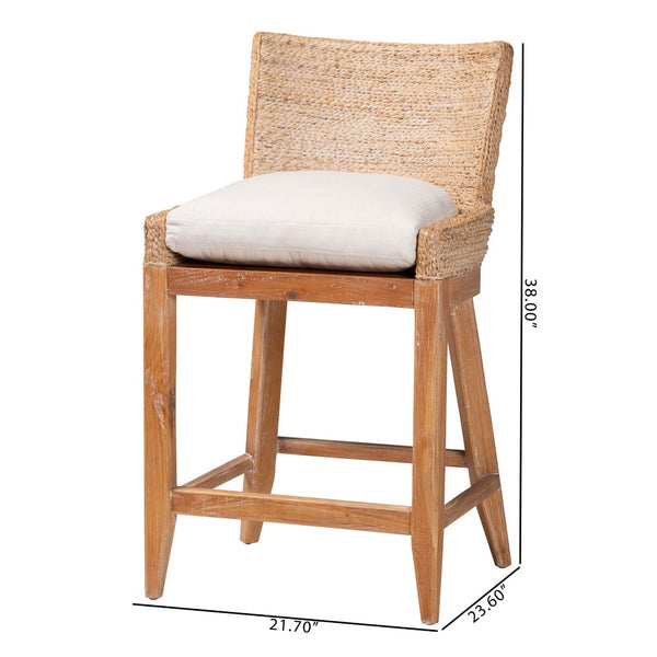 Baxton Studio bali Ridley Seagrass Counter Stool - Coastal Mahogany Frame with Cushioned Seat for Kitchen Bar MD-39834 Ridley-White Wash-Cushion-CS