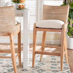 Baxton Studio bali Ridley Seagrass Bar Stool - Elegant Mahogany Frame with Cushioned Seat for Coastal Comfort MD-39835 Ridley-White Wash-Cushion-BS