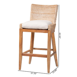 Baxton Studio bali Ridley Seagrass Bar Stool - Elegant Mahogany Frame with Cushioned Seat for Coastal Comfort MD-39835 Ridley-White Wash-Cushion-BS