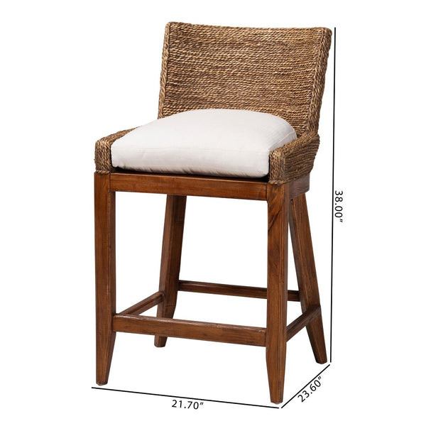 Baxton Studio bali Ridley Seagrass Counter Stool - Coastal Charm with Mahogany Frame, Cushioned Seat & Footrest MD-39834 Ridley-Brown Wash-Cushion-CS