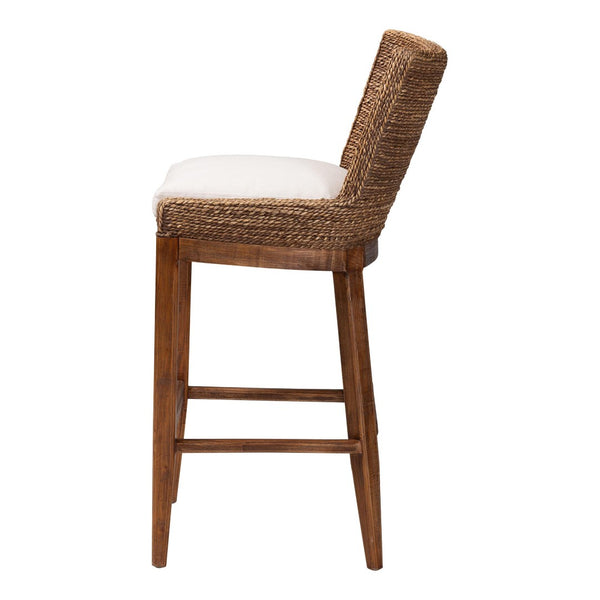 Baxton Studio bali Ridley Seagrass Bar Stool with Mahogany Frame - Chic Coastal Seating for Kitchen Island & Lounge MD-39835 Ridley-Brown Wash-Cushion-BS