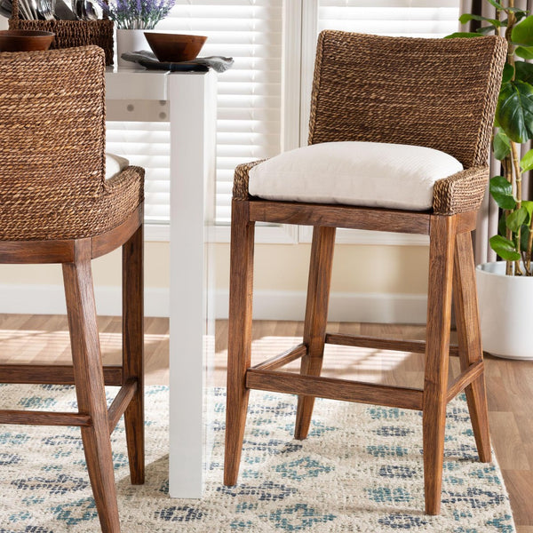 Baxton Studio bali Ridley Seagrass Bar Stool with Mahogany Frame - Chic Coastal Seating for Kitchen Island & Lounge MD-39835 Ridley-Brown Wash-Cushion-BS