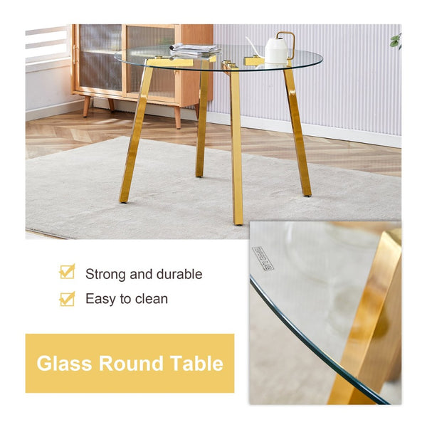 English Elm Table Set - Modern Minimalist Round Clear Glass Table With White High-Back Chairs & Gold Legs W1151S01718-GIGA